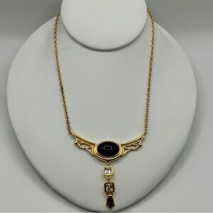 Monet Vintage 80’s Necklace Gold Black Oval Center Two Rhinestone Pendant